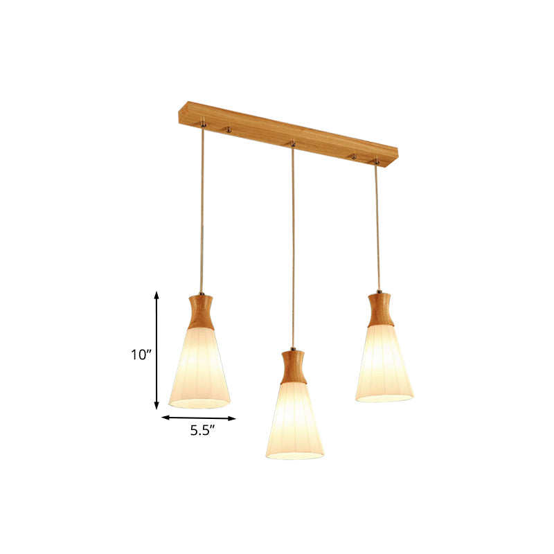 Nordic Style Conic Pendant Lamp With Ribbed Glass Wood And 3 Lights - White