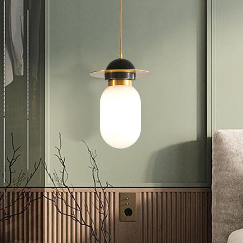 Post-Modern White Glass Pill Capsule Pendant Light Fixture: Single Bedside Suspension Lamp In Brass