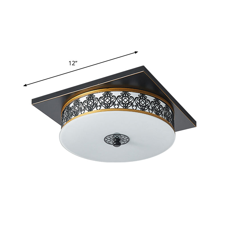 Opaline Glass Led Ceiling Light Fixture In Traditional Black Drum Design - 12/16/19.5