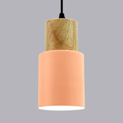 Modern Metal And Wood Pendant Light For Office Or Hallway With 1 Cylindrical Hanging Lamp Pink