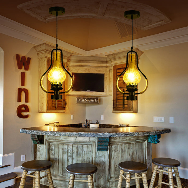 Vintage Yellow Crackle Glass Kerosene Pendant Ceiling Light - Black 1-Light For Living Room