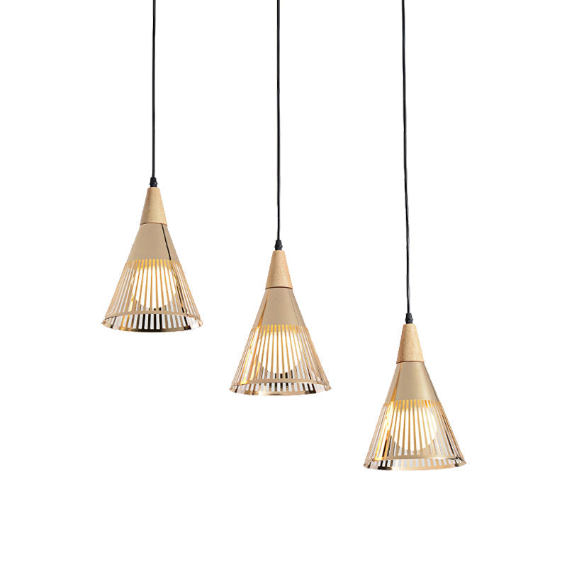 Nordic Cone Ceiling Light With 3 Metal And Wood Pendant Heads