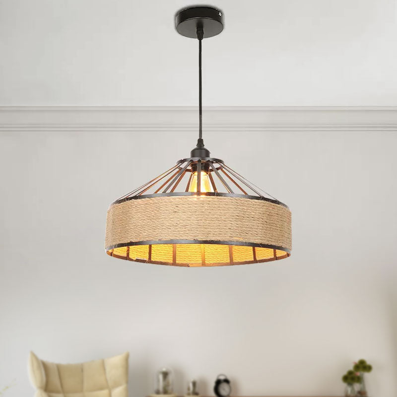 Vintage Style Drum Shade Rope Pendant Light - Perfect For Coffee Shops 1 Bulb Black