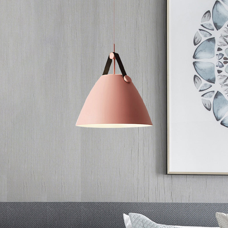 Modernist Conical Pendant Light 10.5/14 W 1-Bulb Metallic Suspension With Leather Strap Black/Blue