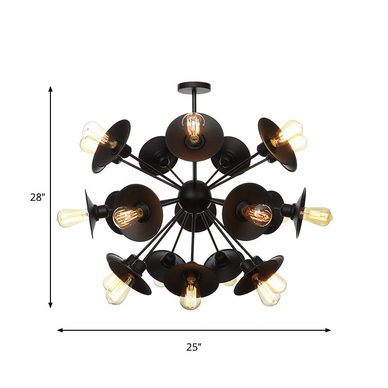 Sleek Black Flare Shade Chandelier - Factory Metal 9/12/15 Lights Elegant Ceiling Light With Sputnik