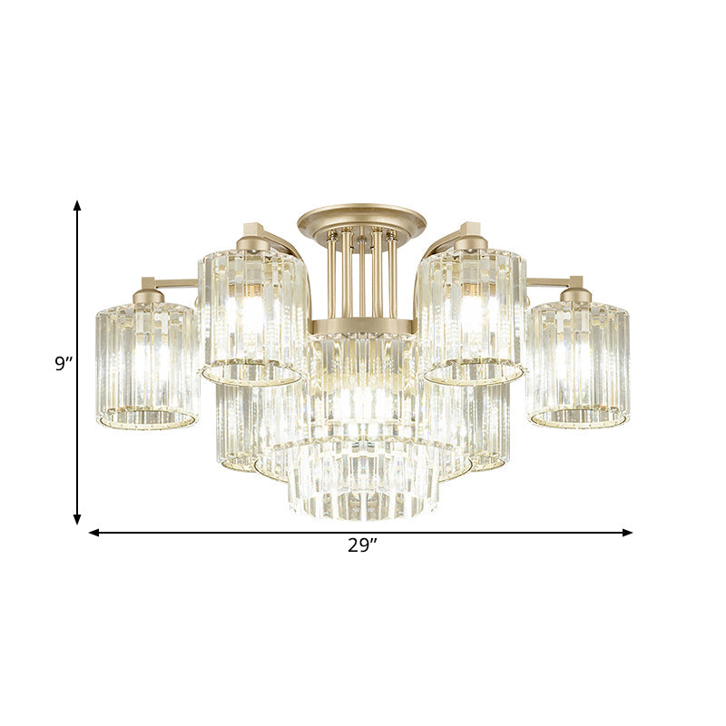 Modern Crystal Cylinder Ceiling Lamp - 3/9-Light Semi Flush Mount For Bedroom