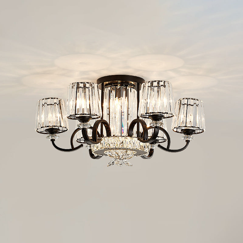 Contemporary Semi Flush Mount Ceiling Light With Clear Crystal Barrel Shade - 8 Heads Black