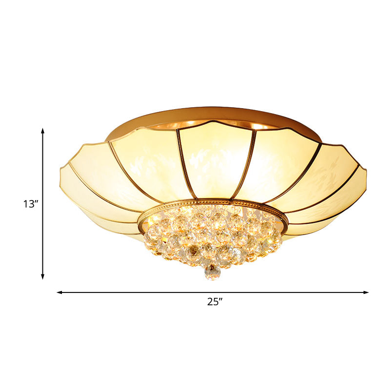 Milky Glass Scalloped Flush Light - 4/6 Lights Bedroom Mount With Crystal Ball