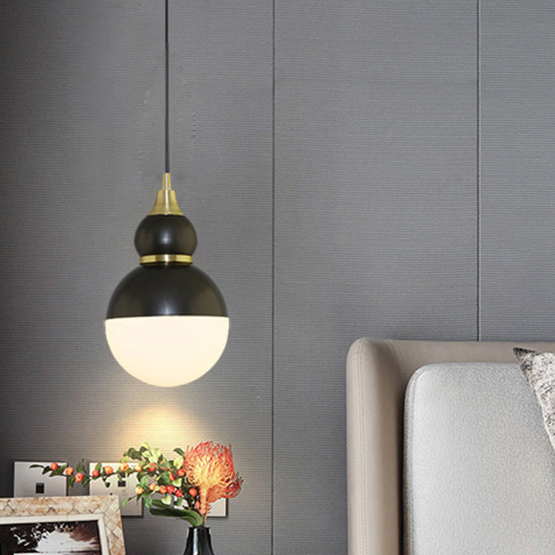 Black/Brass Gourd Pendant Lamp - Mid Century Metal 1 Light White Glass Diffuser