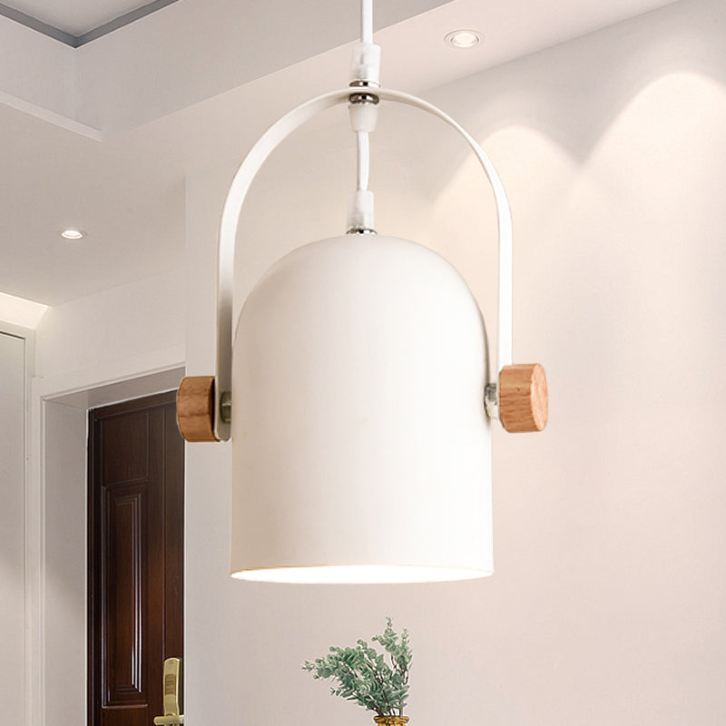Nordic Ceiling Pendant Light - Metallic White Elongated Dome With Wood Lock And Adjustable Handle