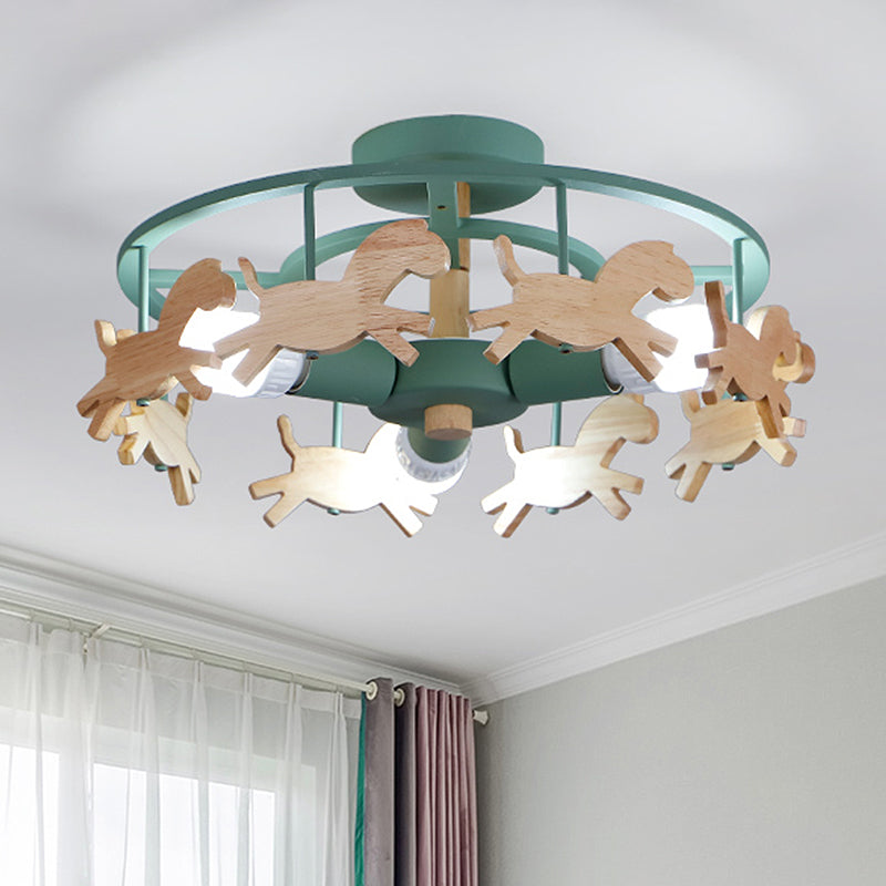 Round Semi-Flush Ceiling Light Macaroon 3-Bulb Grey/White/Green - Wooden Horse Design