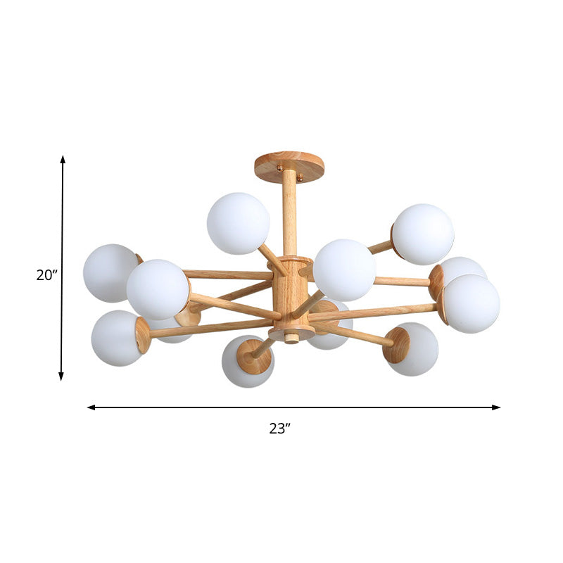 Contemporary Wooden Starburst Chandelier With White Glass Ball Shades - 6/8/12 Lights
