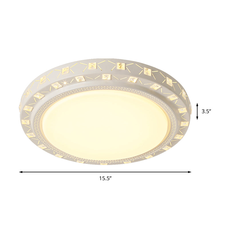 Modern White Drum Ceiling Flush Mount With Crystal Accent Led Fixture - Perfect For Bedrooms 16/19.5