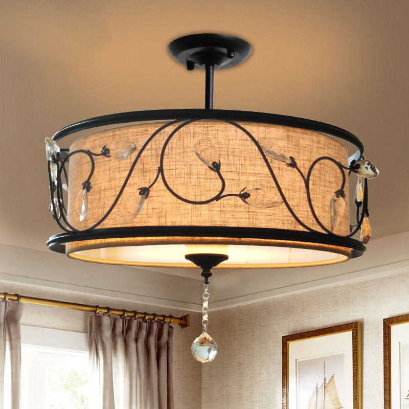 Vintage Drum Semi Flush Ceiling Light In Black Finish For Living Room Décor