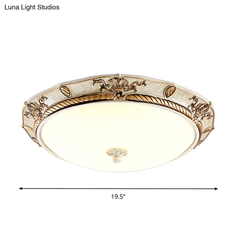 16’/19.5 W Vintage Led Ceiling Mount Light Fixture With Milky Glass Dome Shade (White/Gold) For