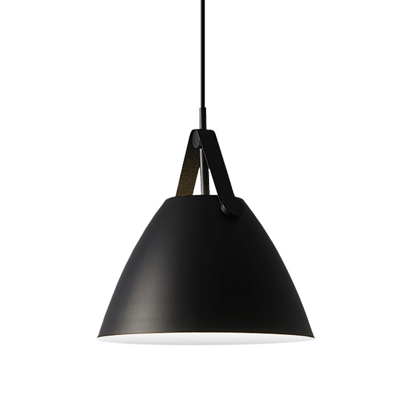 Modernist Conical Pendant Light 10.5/14 W 1-Bulb Metallic Suspension With Leather Strap Black/Blue