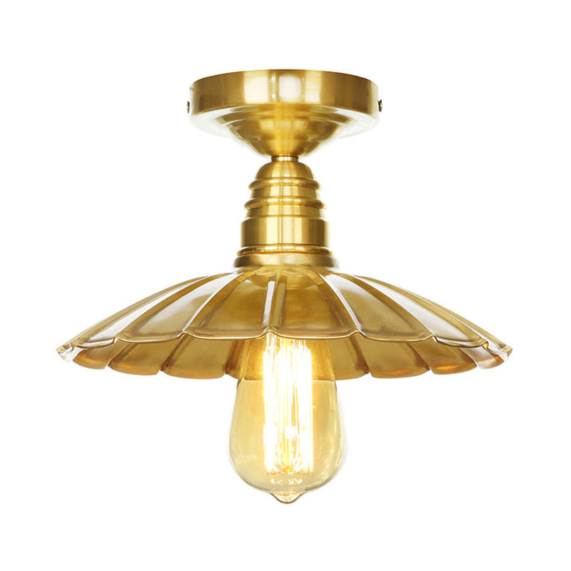Vintage Waveforms/Scalloped Shade Semi Flush Ceiling Light - Brass Finish 8/9.5 W Metal Fixture