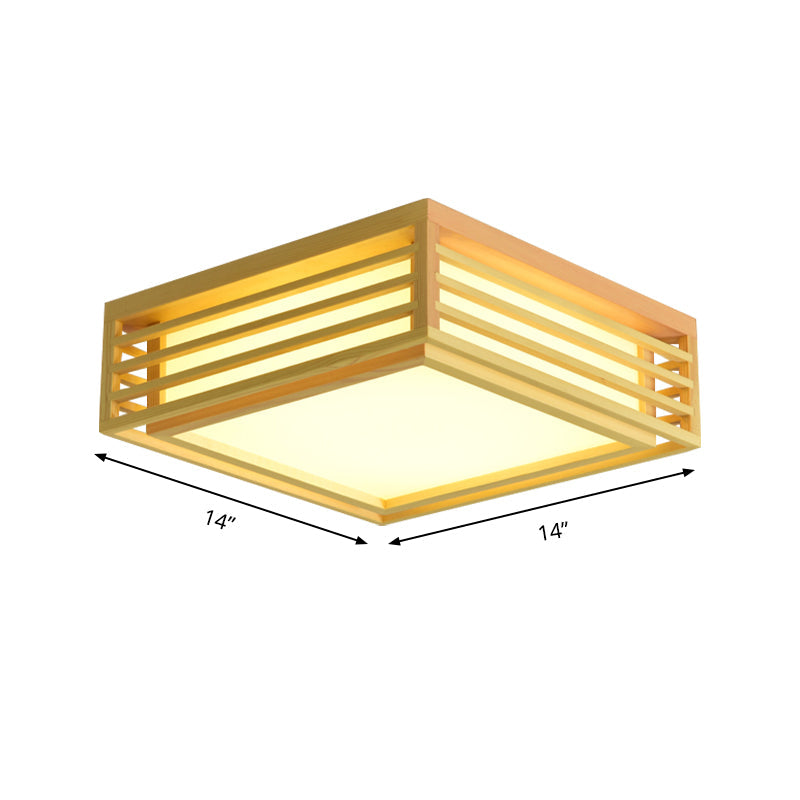 Japanese Beige Led Flush Ceiling Light With Acrylic Square Design - Warm/White And Wood Cage For