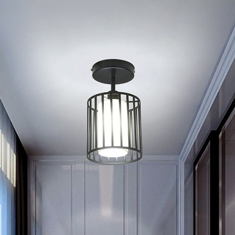 Black Metal Cage Ceiling Flush Mount Lamp With Conical/Cylindrical Shade - Simple Semi-Flushmount