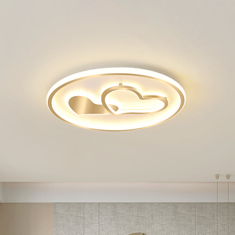 Modernist Metallic Flush Mount Light In Gold - Loving Heart Design Led Ceiling Fixture For Sleeping