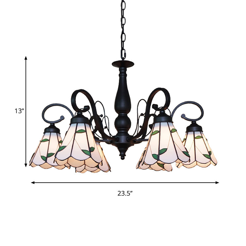 Vintage Beige Glass Cone Chandelier With Rhombus/Leaf Pattern - Ideal For Living Room Indoor