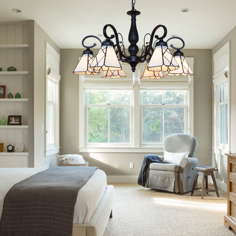 Vintage Beige Glass Cone Chandelier With Rhombus/Leaf Pattern - Ideal For Living Room Indoor