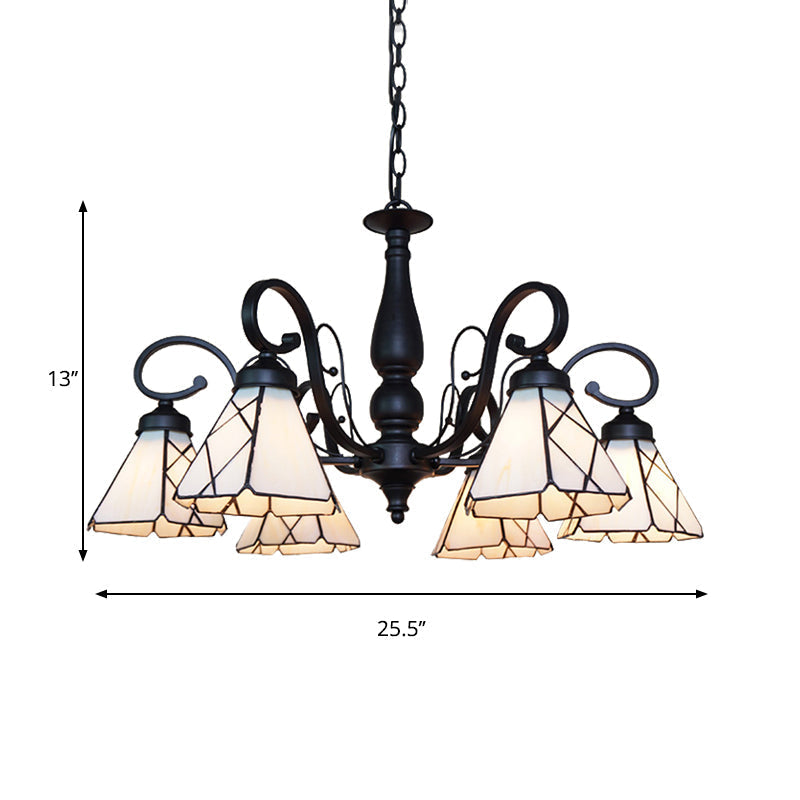 Vintage Beige Glass Cone Chandelier With Rhombus/Leaf Pattern - Ideal For Living Room Indoor