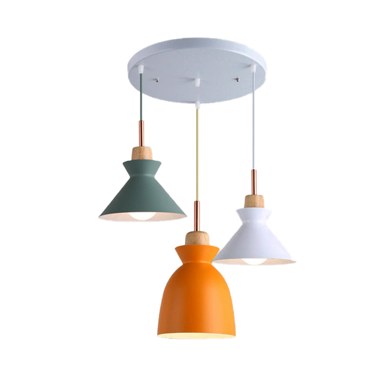 Modern 3-Light Metal Pendant With Multi-Color Cones And Domes Hanging From Linear/Round Canopy -