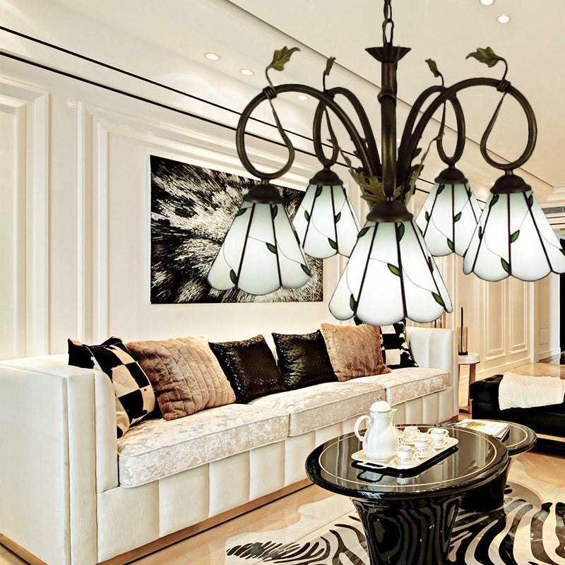 Vintage Beige Glass Cone Pendant Chandelier With Metal Chain - Perfect For Libraries