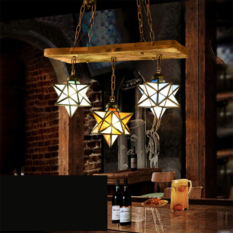 Rustic Star Chandelier Lamp - Wooden Board Design Colorful Glass Perfect For Kitchen