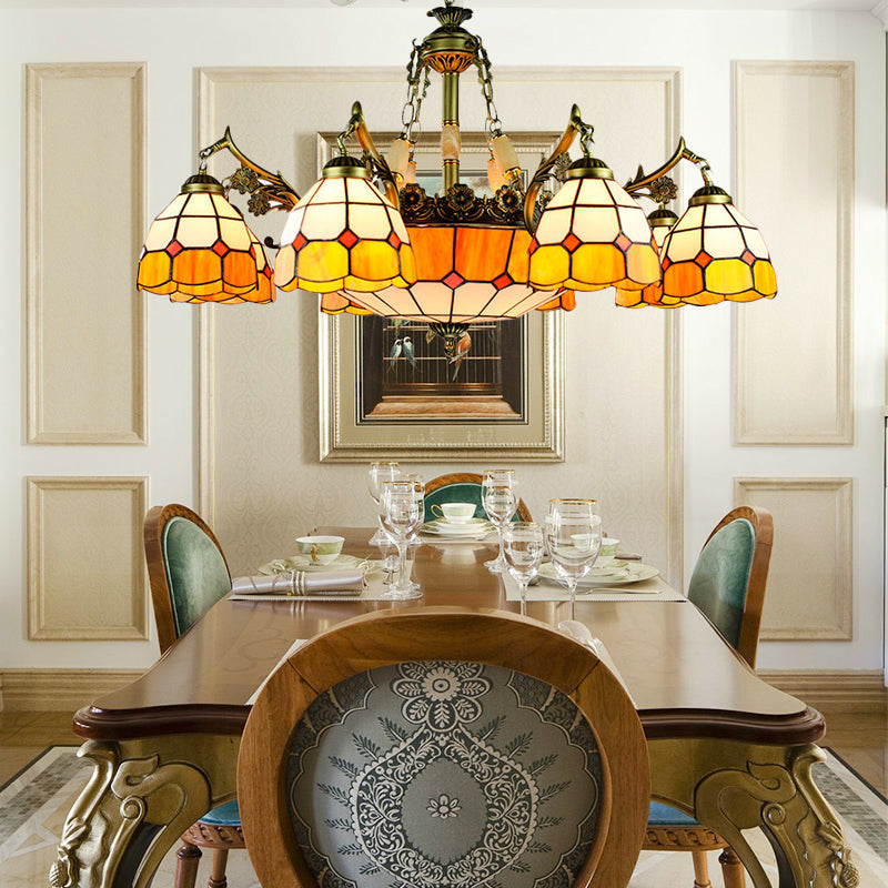 Vintage Stained Glass Hanging Ceiling Light With 3/5/9/11 Lights - Yellow Indoor Lighting For