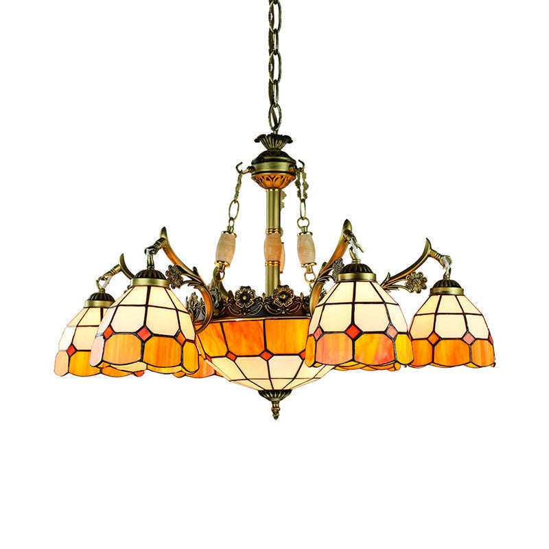 Vintage Stained Glass Hanging Ceiling Light With 3/5/9/11 Lights - Yellow Indoor Lighting For
