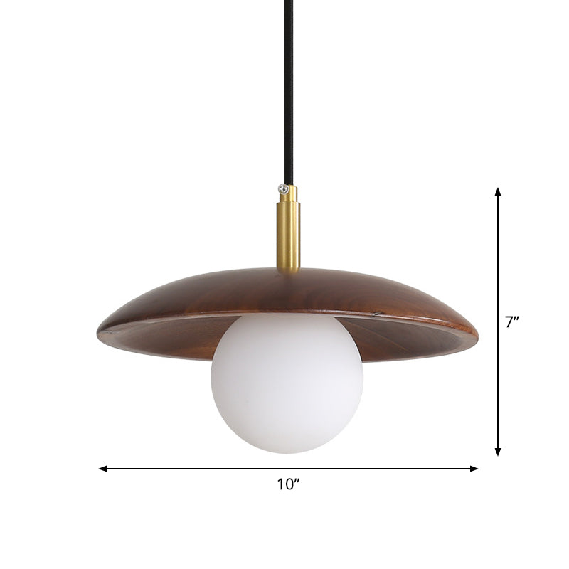 Modern White Glass Ball Suspension Lamp With Brown Wood Saucer Top