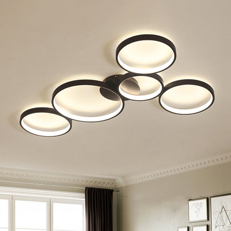 Modern Metal Bubble Rings Flush Mount Led Ceiling Light - 3/4/5-Head Black Surface