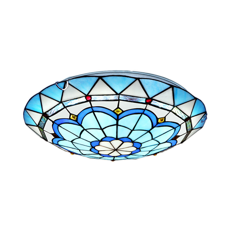 Baroque Bowl Flush Mount Stained Glass Ceiling Light In Blue/Blue-Brown - 12/16/19.5 Wide
