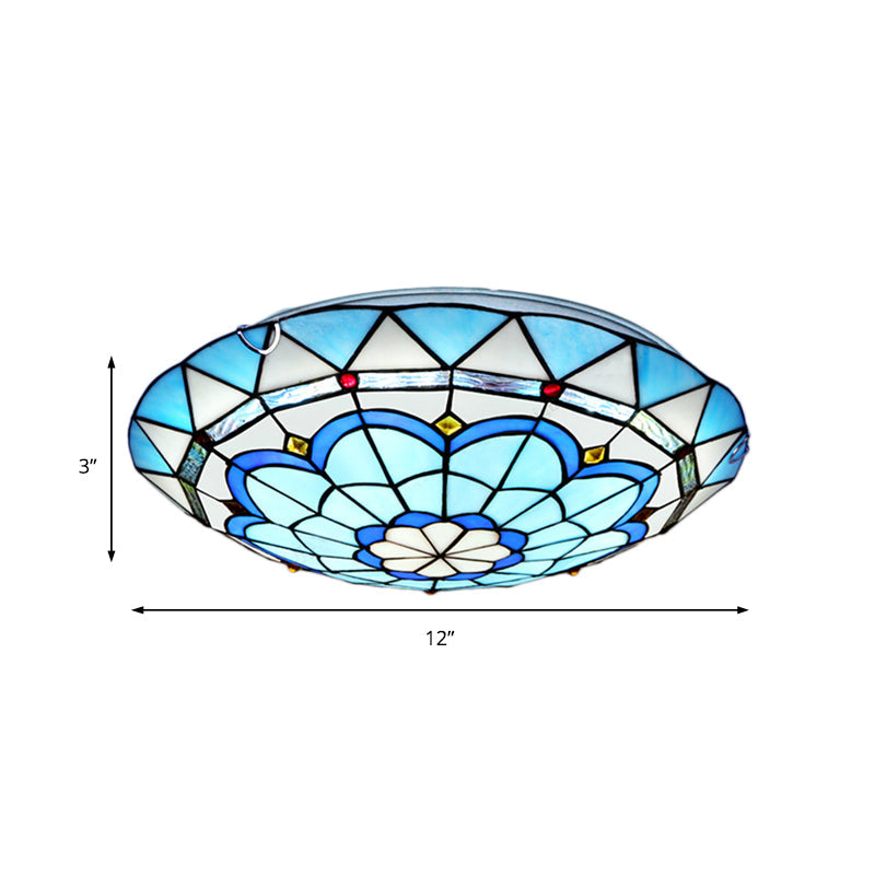 Baroque Bowl Flush Mount Stained Glass Ceiling Light In Blue/Blue-Brown - 12/16/19.5 Wide