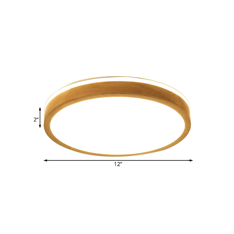 Modern Round Wooden 1-Light Led Flush Mount Ceiling Fixture With Frosted Diffuser - 3 Sizes