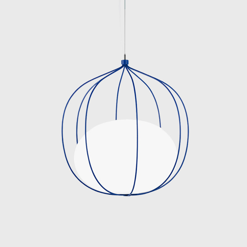 Modern Pendant Light With Milk Glass Shade And Melon Wire Frame - Ideal For Offices