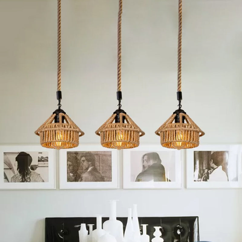 Handcrafted Cottage Brown Rope Pendant Light Fixture - 3/6-Light Mini House Multi Round/Linear
