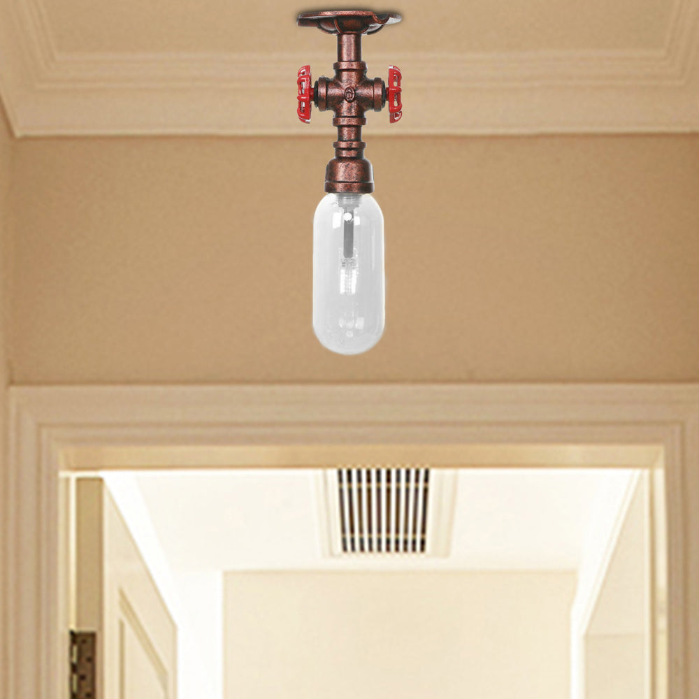 Industrial Bathroom Semi Flush Ceiling Light Fixture With Clear Glass Oval Shade In Weathered Copper