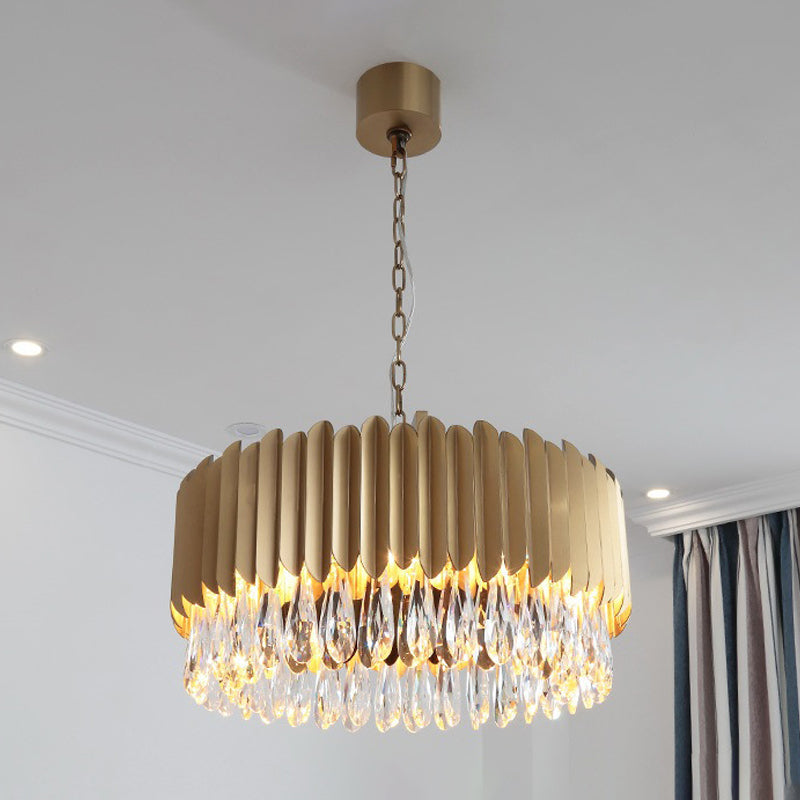 Minimalist Metal Drum Led Pendant Chandelier With Crystal Drip - 23.5/31.5 Width Black/Gold Gold /