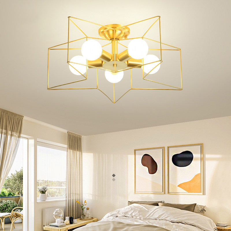 Industrial Style Metal Star Cage Flush Mount In Gold - Bedroom Ceiling Lighting