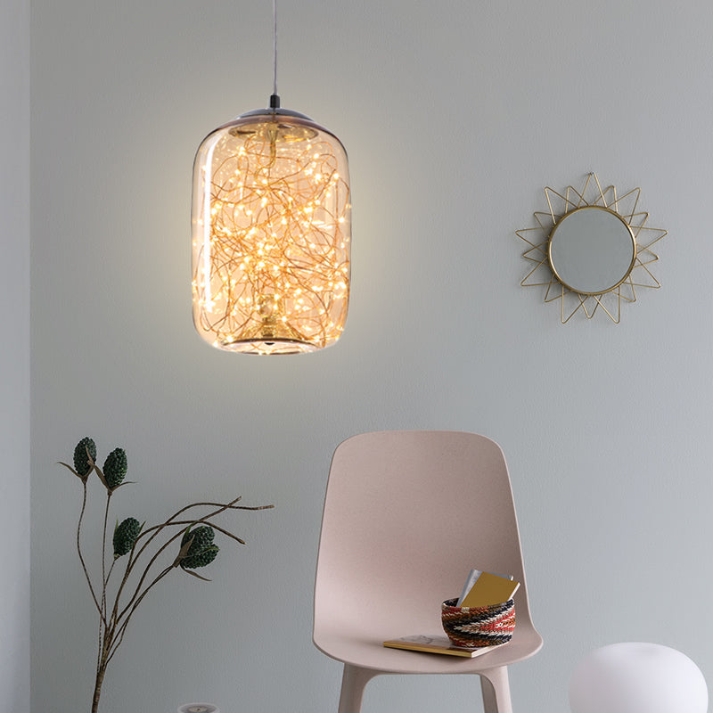 Contemporary Led Pendant Light With Elegant Amber/Smoke Grey Glass Globe/Cylinder/Oval Design For