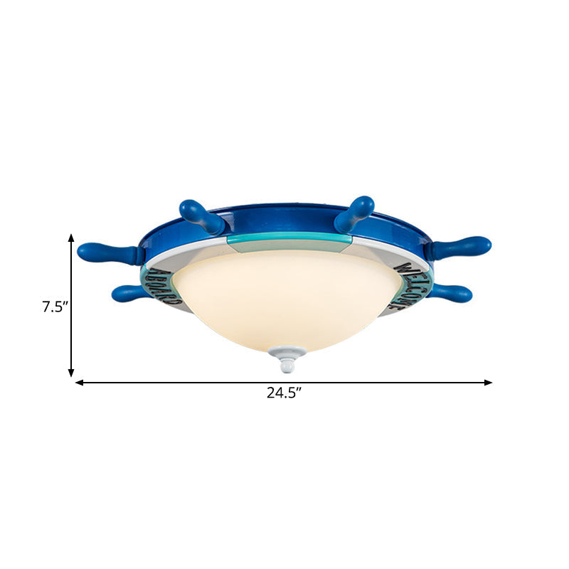 Nautical Style Led Flushmount Light With Blue Milk Glass Shade For Bedroom