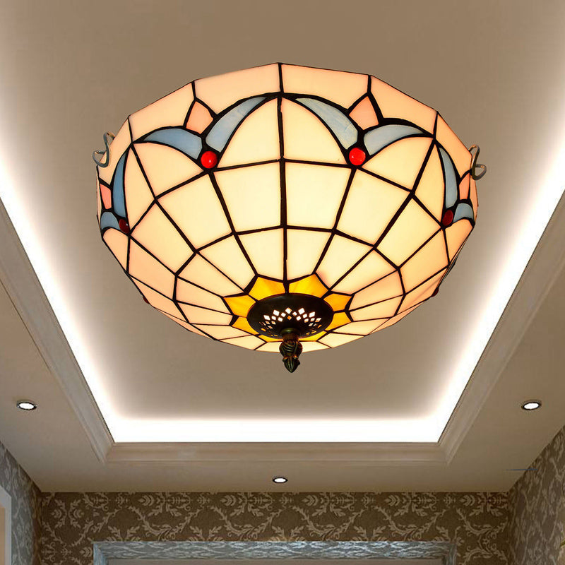 Stained Art Glass Flush Mount Ceiling Light With Traditional Bowl Shade White / 12