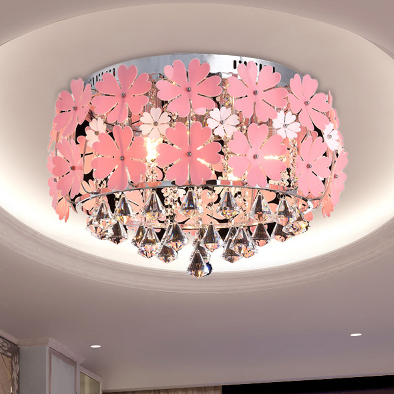 Modern Crystal Drop Led Drum Ceiling Light Fixture With Pink Flower Decoration 18/21.5 Wide / 18