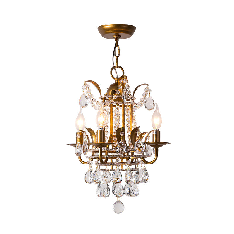 Modern Gold Chandelier With Crystal Drops - 4-Light Corridor/Hanging Lamp