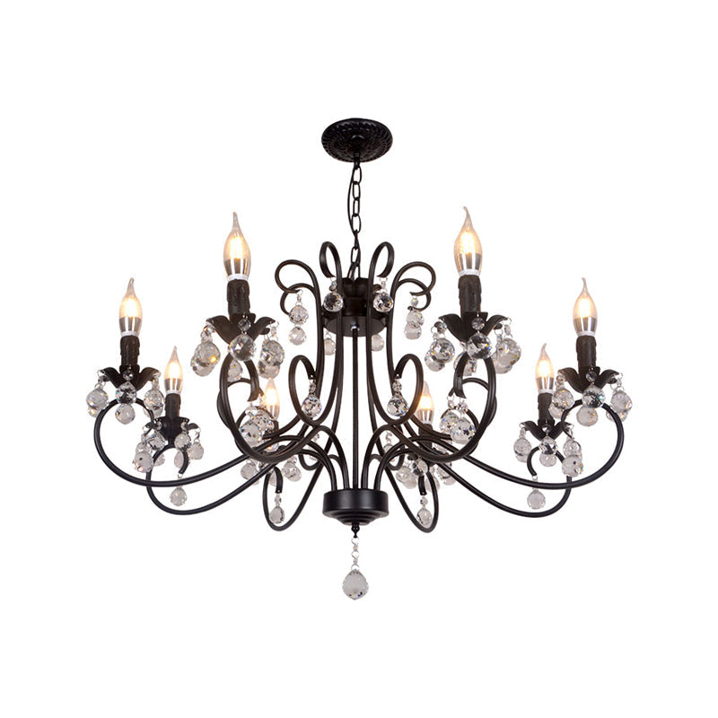 Vintage Bent Arm Frame Ceiling Light With Crystal Drop - 6/8 Lights Black Suspension For Living Room