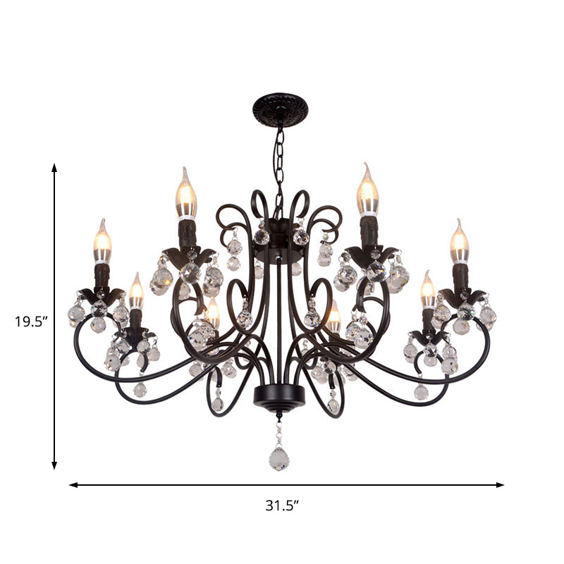 Vintage Bent Arm Frame Ceiling Light With Crystal Drop - 6/8 Lights Black Suspension For Living Room
