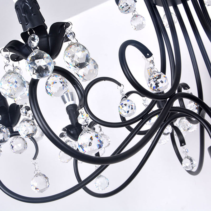 Vintage Bent Arm Frame Ceiling Light With Crystal Drop - 6/8 Lights Black Suspension For Living Room